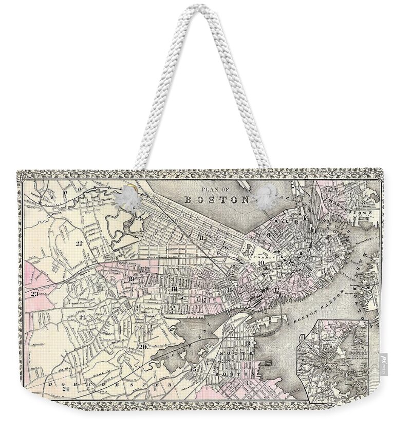 Antique Map Of Boston Weekender Tote Bag featuring the drawing Antique Maps - Old Cartographic maps - Antique Map of Boston Massachusetts, 1879 by Studio Grafiikka