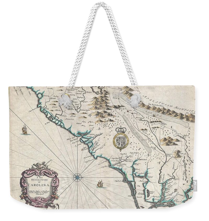 Antique Map Of Carolina Weekender Tote Bag featuring the drawing Antique Maps - Old Cartographic maps - Antique Map of Carolina by John Speed, 1676 by Studio Grafiikka