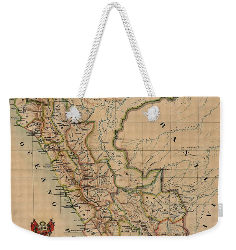 Antique Map Of Peru Weekender Tote Bag featuring the drawing Antique Maps - Old Cartographic maps - Antique Map of Peru, South America, 1913 by Studio Grafiikka