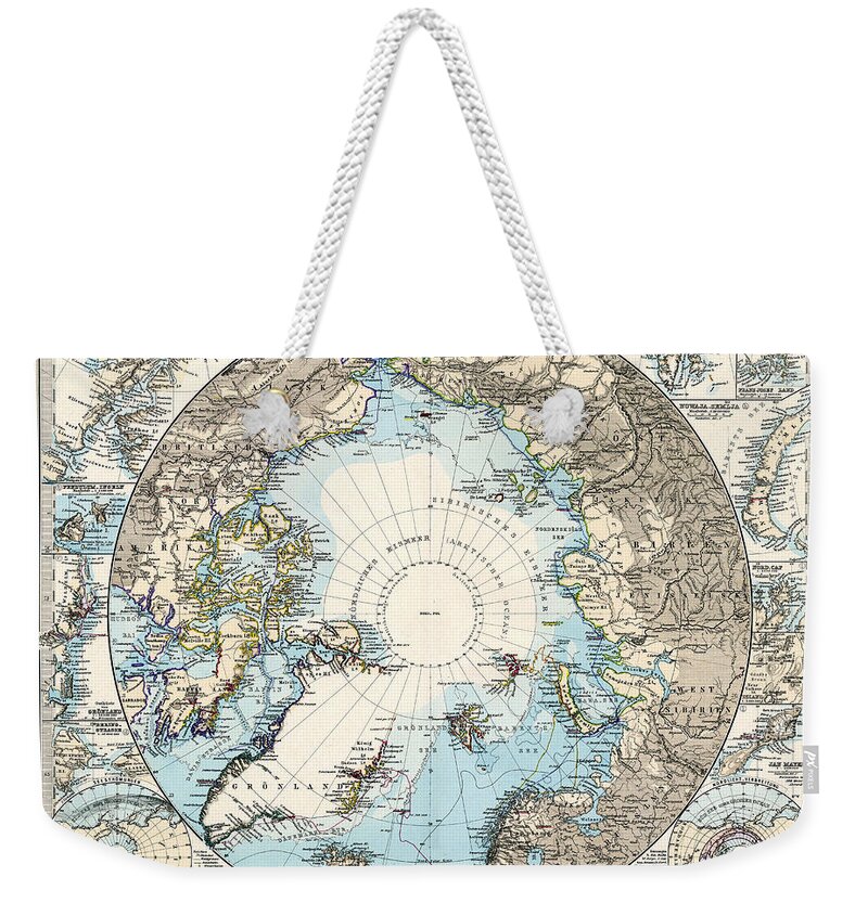 Antique Map Of The North Pole Weekender Tote Bag featuring the drawing Antique Maps - Old Cartographic maps - Antique Map of the North Pole and the Arctic Region by Studio Grafiikka