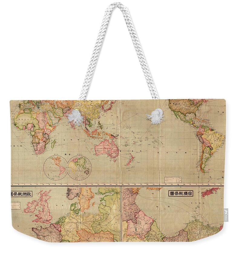 Antique Map Of The World In Japanese Weekender Tote Bag featuring the drawing Antique Maps - Old Cartographic maps - Antique Map of The World in Japanese, 1914 by Studio Grafiikka