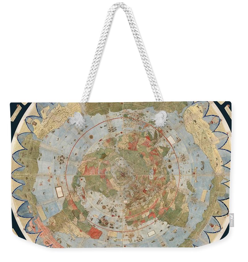 Flat Earth Map Weekender Tote Bag featuring the drawing Antique Maps - Old Cartographic maps - Flat Earth Map - Map of the World by Studio Grafiikka