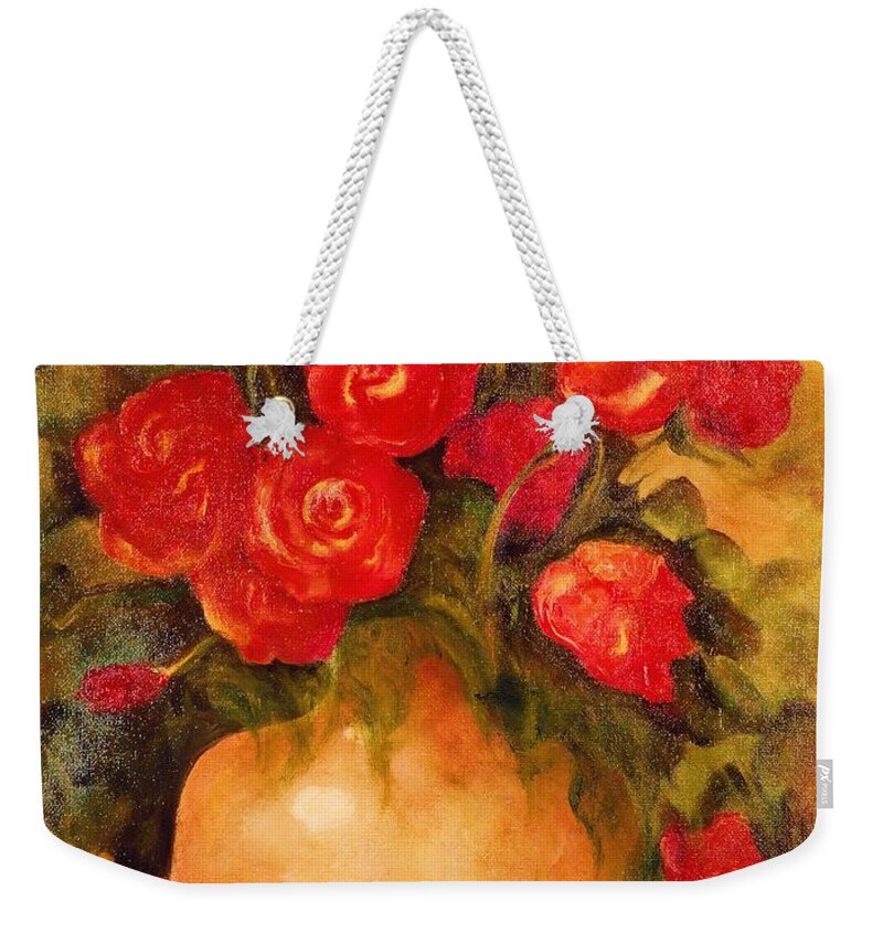 Red Roses In Vase Weekender Tote Bag featuring the painting Antique Red Roses by Jordana Sands