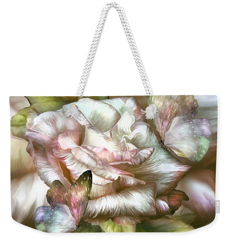 Antique Rose And Butterflies Weekender Tote Bag featuring the mixed media Antique Rose And Butterflies by Carol Cavalaris