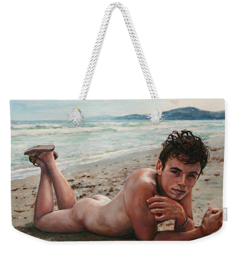 Nude Male Weekender Tote Bag featuring the painting Antonio en la Playa by Marc DeBauch