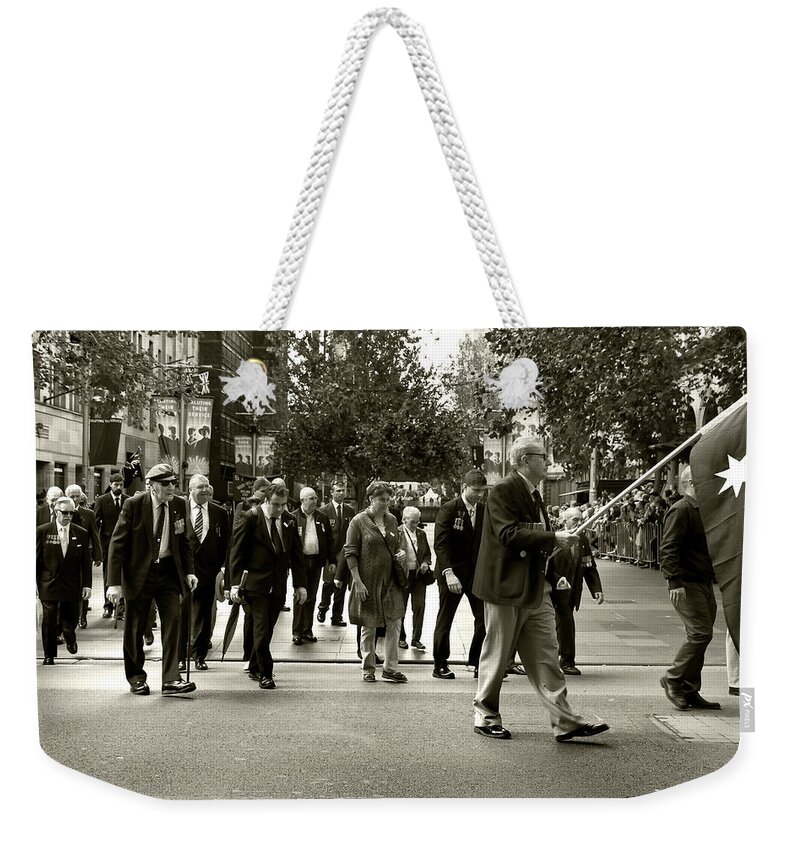 14th Regiment Weekender Tote Bag featuring the photograph Anzac Day March Vets Of 14th Regiment AIF by Miroslava Jurcik