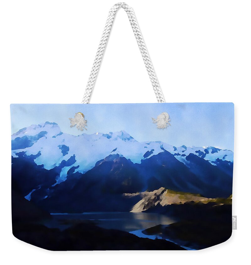 Aoraki/mount Cook Weekender Tote Bag featuring the digital art Aoraki/Mount Cook by Lora Battle