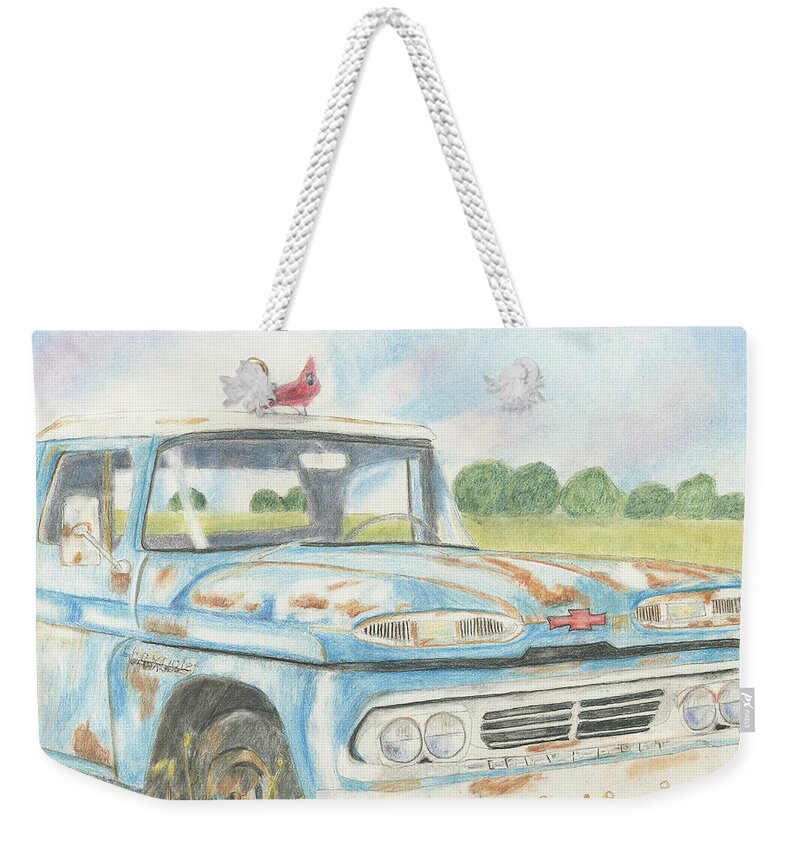 Apache Truck Weekender Tote Bag featuring the drawing Apache Out To Pasture by Arlene Crafton