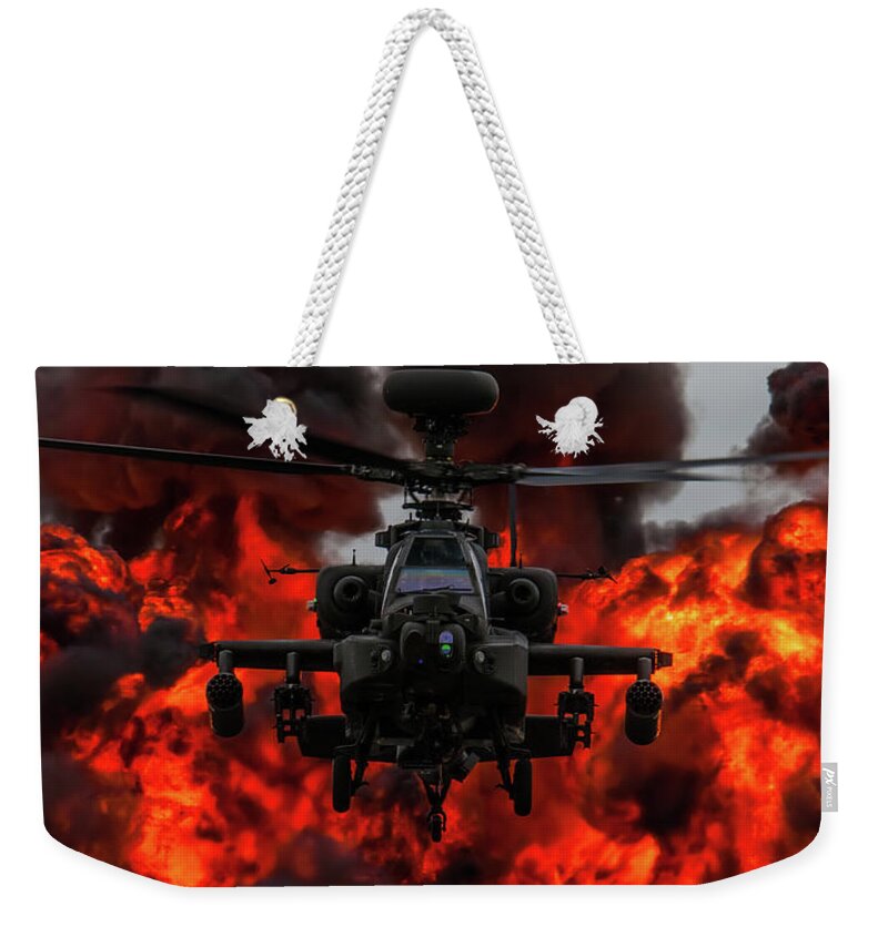 British Army Apache Westland Ah1 Attack Helicopter Riat Fairford 2017 Royal International Air Tattoo England Uk Weekender Tote Bag featuring the photograph Apache Wall of Fire by Tim Beach