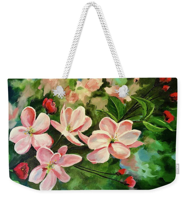 Apples Weekender Tote Bag featuring the painting Apple Blossoms by Alan Lakin