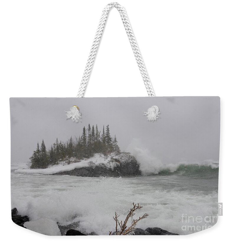 Lake Superior Weekender Tote Bag featuring the photograph April Snow Storm by Sandra Updyke