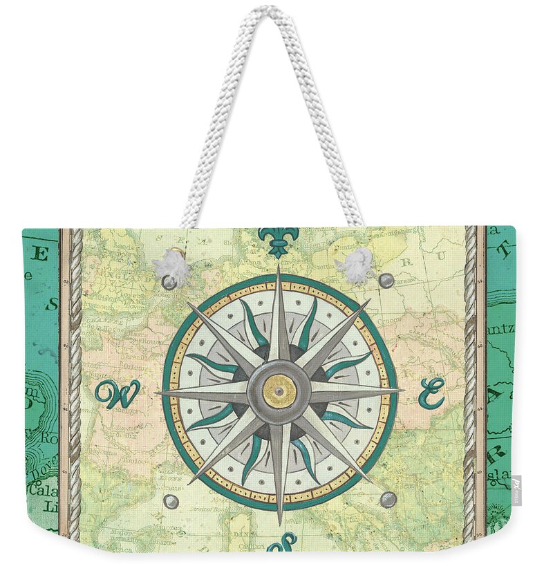 Ocean Weekender Tote Bag featuring the painting Aqua Maritime Compass by Debbie DeWitt
