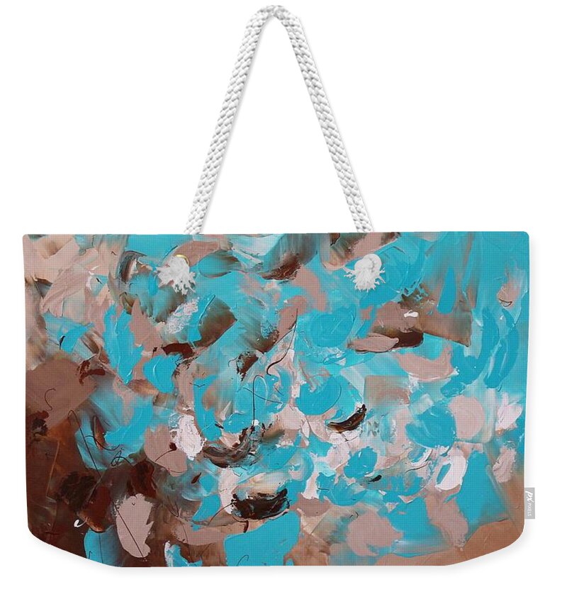 Brown Abstract Weekender Tote Bag featuring the painting Aquamarine by Preethi Mathialagan
