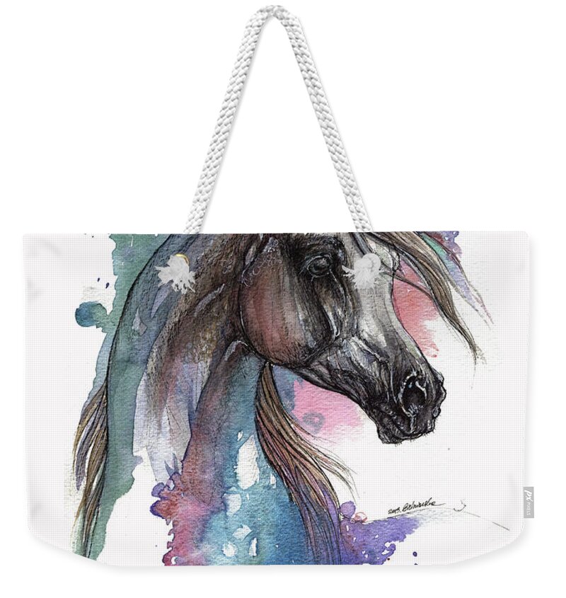 Horse Weekender Tote Bag featuring the painting Arabian Horse On Blue And Pink Background by Ang El