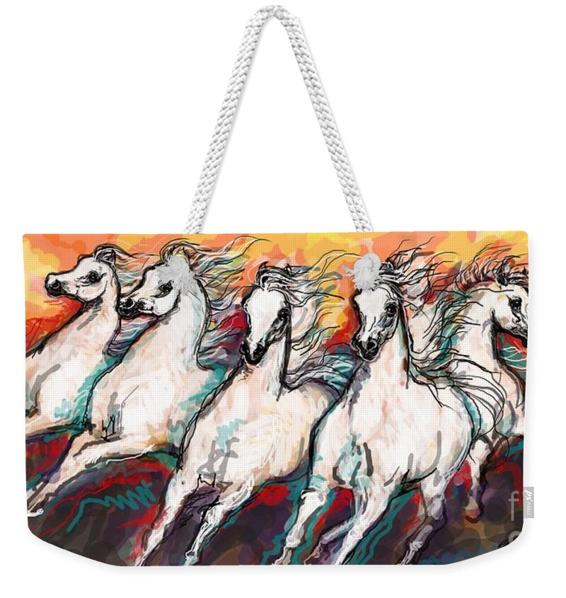 Arabian Horses Weekender Tote Bag featuring the digital art Arabian Sunset Horses by Stacey Mayer