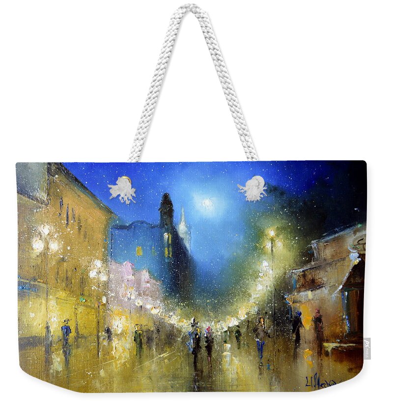 Russian Artists New Wave Weekender Tote Bag featuring the painting Arbat Night Lights by Igor Medvedev