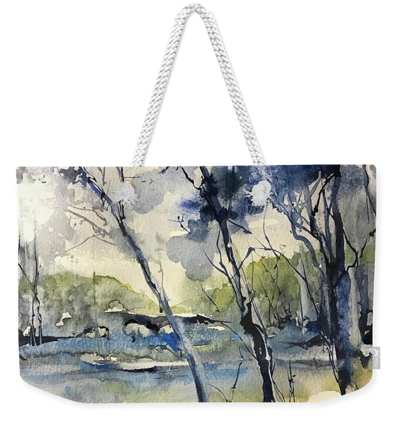 Blue Trees Weekender Tote Bag featuring the painting Arbres Bleus by Robin Miller-Bookhout