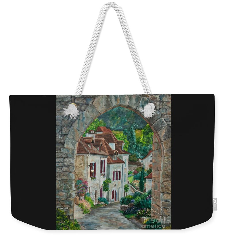 St. Cirq In Lapopie France Weekender Tote Bag featuring the painting Arch Of Saint-Cirq-Lapopie by Charlotte Blanchard