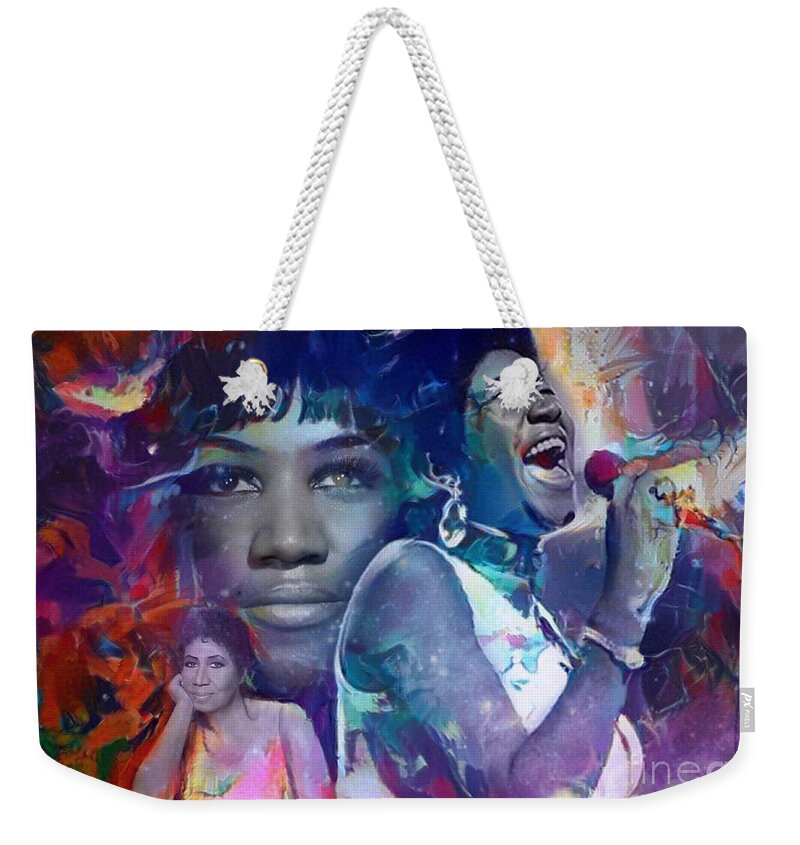 Aretha Weekender Tote Bag featuring the mixed media Aretha Franklin by Carl Gouveia