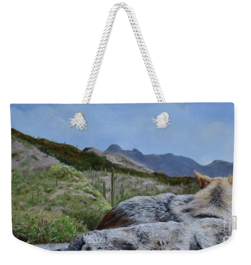 Coyote Weekender Tote Bag featuring the painting Arizona Sentinel by Mary Rogers
