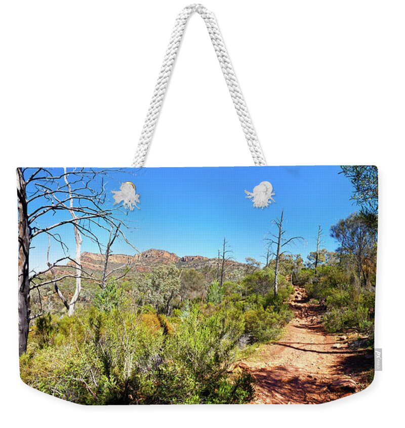 Arkaroor Rock Hiking Trail In The Flinders Ranges Weekender Tote Bag featuring the photograph Arkaroo Rock hiking trail.Wilpena Pound by Bill Robinson