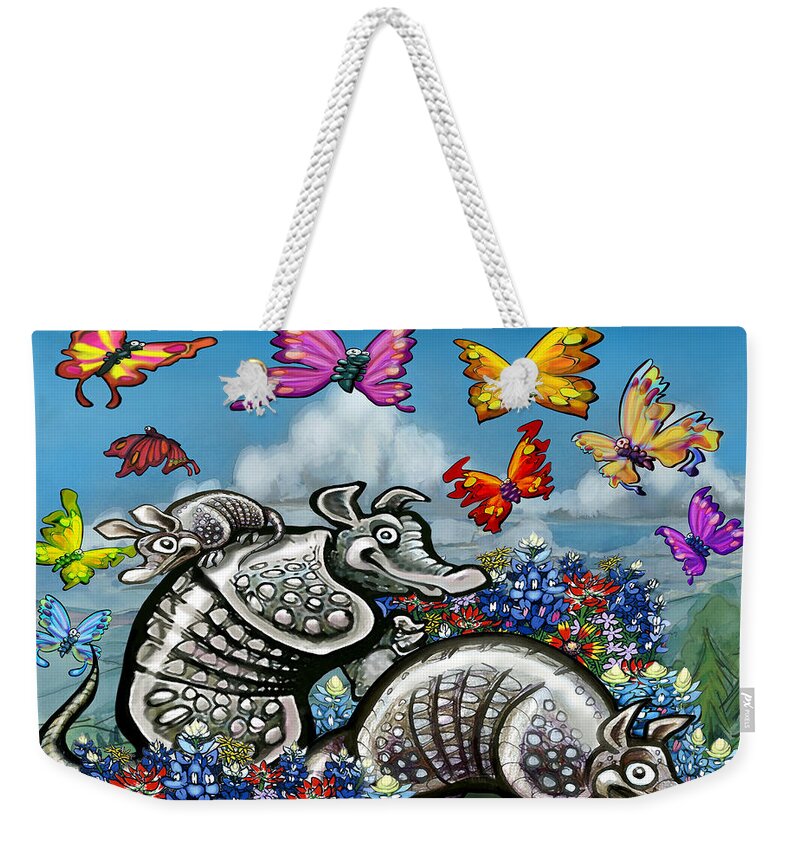 Armadillo Weekender Tote Bag featuring the digital art Armadillos Bluebonnets and Butterflies by Kevin Middleton