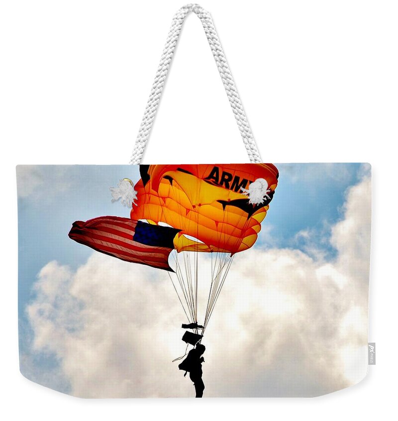 Sky Weekender Tote Bag featuring the photograph Army Paratrooper 2 by Eileen Brymer