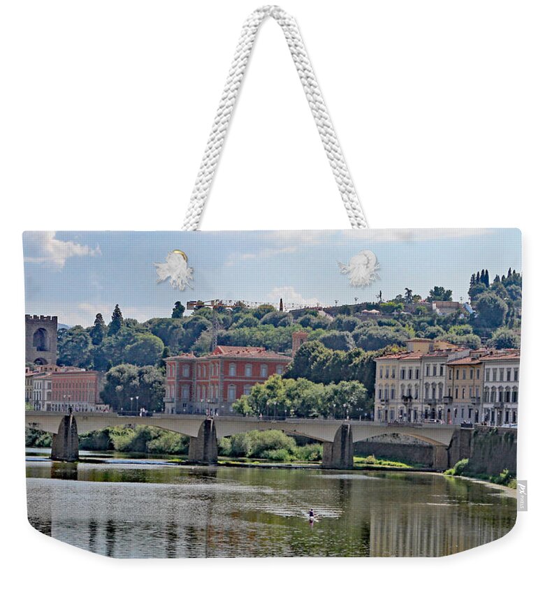 Italy Weekender Tote Bag featuring the photograph Arno River and Bridge by Allan Levin