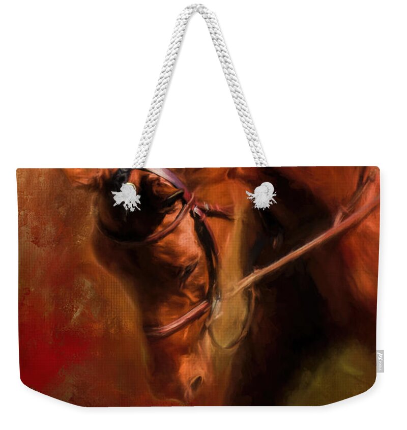 Jai Johnson Weekender Tote Bag featuring the painting Around The First Turn Equestrian Art by Jai Johnson