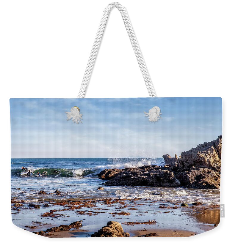 Surfer Weekender Tote Bag featuring the photograph Arroyo Sequit Creek Surf Riders by Gene Parks