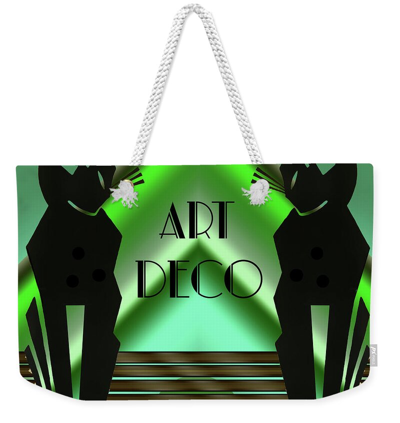 Art Deco Weekender Tote Bag featuring the digital art Art Deco Cats - Emerald by Chuck Staley