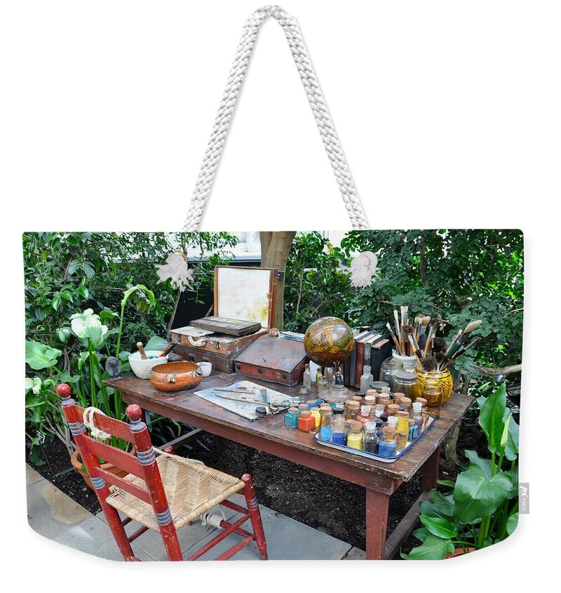 #frida Kahlo Weekender Tote Bag featuring the photograph Frida Kahlo's Desk And Chair by Cornelia DeDona