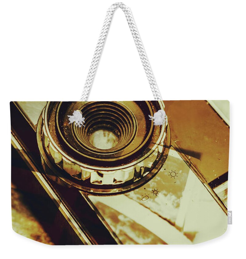 Retro Weekender Tote Bag featuring the photograph Artistic double exposure of a vintage photo tour by Jorgo Photography