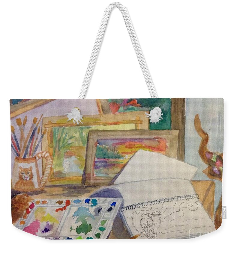Artist's Studio Weekender Tote Bag featuring the painting Artists Workspace - Studio by Ellen Levinson