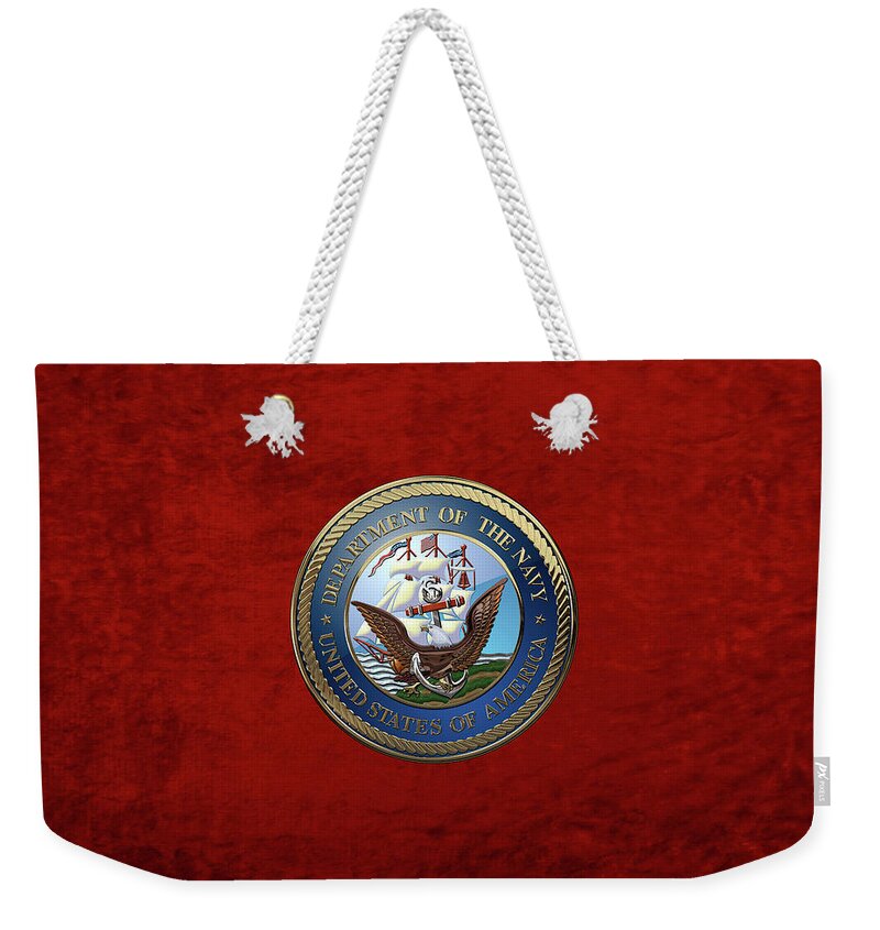'military Insignia & Heraldry 3d' Collection By Serge Averbukh Weekender Tote Bag featuring the digital art U. S. Navy - U S N Emblem over Red Velvet by Serge Averbukh