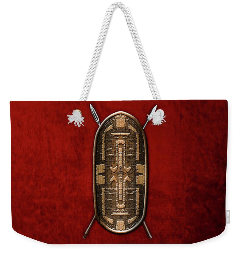 'war Shields' Collection By Serge Averbukh Weekender Tote Bag featuring the digital art Zande War Shield with Spears on Red Velvet by Serge Averbukh