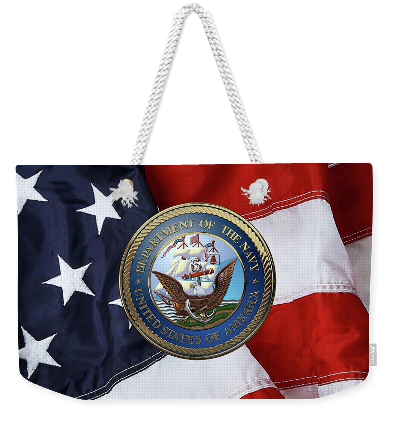 'military Insignia & Heraldry 3d' Collection By Serge Averbukh Weekender Tote Bag featuring the digital art U. S. Navy - U S N Emblem over American Flag by Serge Averbukh