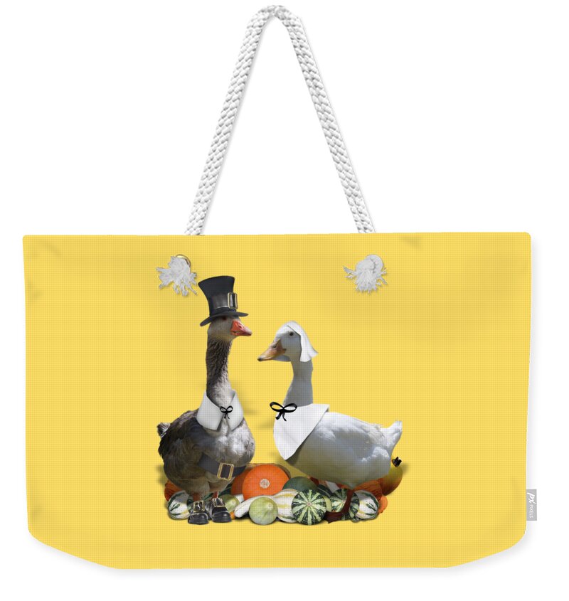 Thanksgiving Weekender Tote Bag featuring the mixed media Thanksgiving Pilgrim Ducks by Gravityx9 Designs