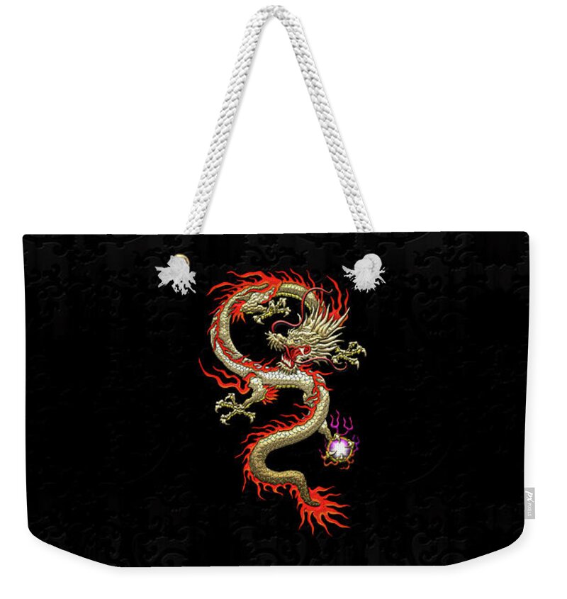 'treasures Of China' Collection By Serge Averbukh Weekender Tote Bag featuring the digital art Golden Chinese Dragon Fucanglong on Black Silk by Serge Averbukh