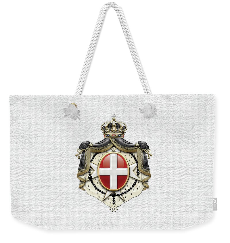 'ancient Brotherhoods' Collection By Serge Averbukh Weekender Tote Bag featuring the digital art Sovereign Military Order of Malta Coat of Arms over White Leather by Serge Averbukh