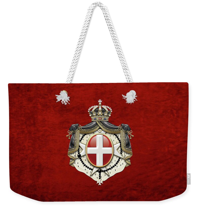 'ancient Brotherhoods' Collection By Serge Averbukh Weekender Tote Bag featuring the digital art Sovereign Military Order of Malta Coat of Arms over Red Velvet by Serge Averbukh