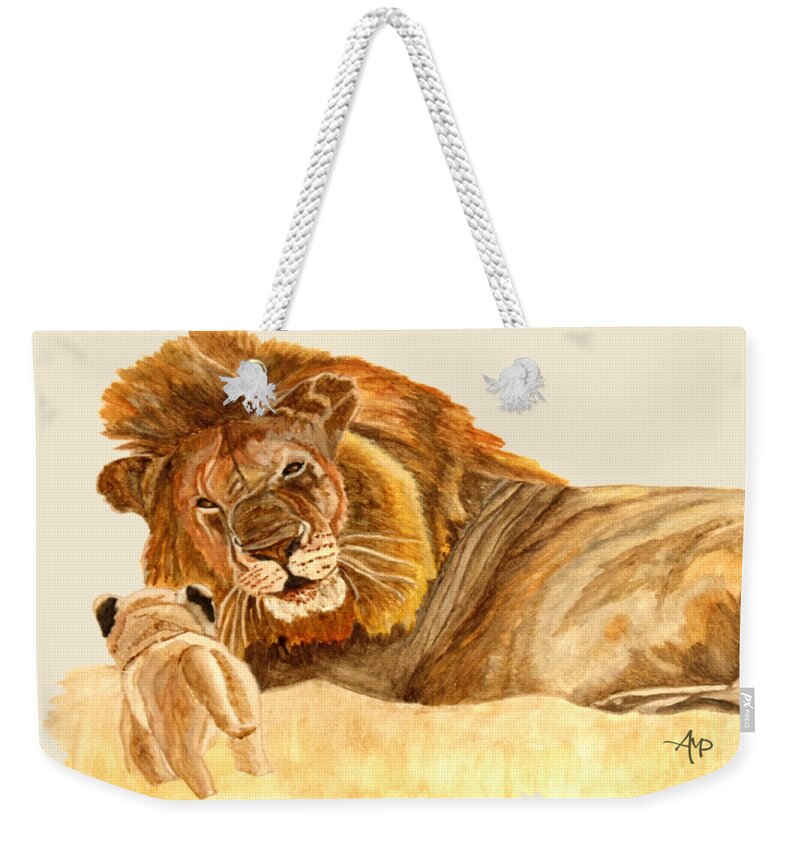 Lion Weekender Tote Bag featuring the painting Lions by Angeles M Pomata