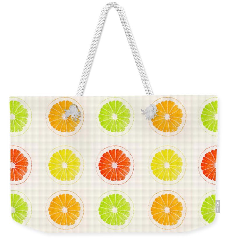 Lime Weekender Tote Bag featuring the painting Juicy Citrus by Little Bunny Sunshine