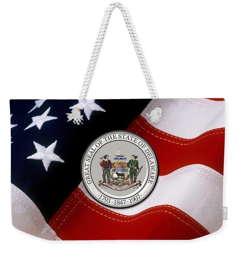 'state Heraldry' Collection By Serge Averbukh Weekender Tote Bag featuring the digital art Delaware State Seal over U.S. Flag by Serge Averbukh