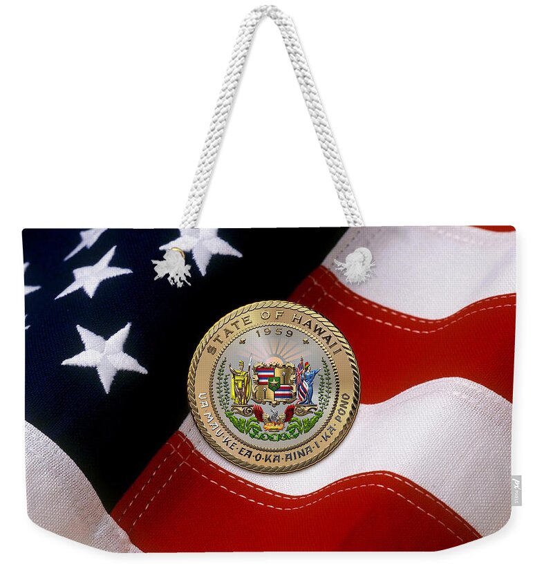 'state Heraldry' Collection By Serge Averbukh Weekender Tote Bag featuring the digital art Hawaii State Seal over U.S. Flag by Serge Averbukh