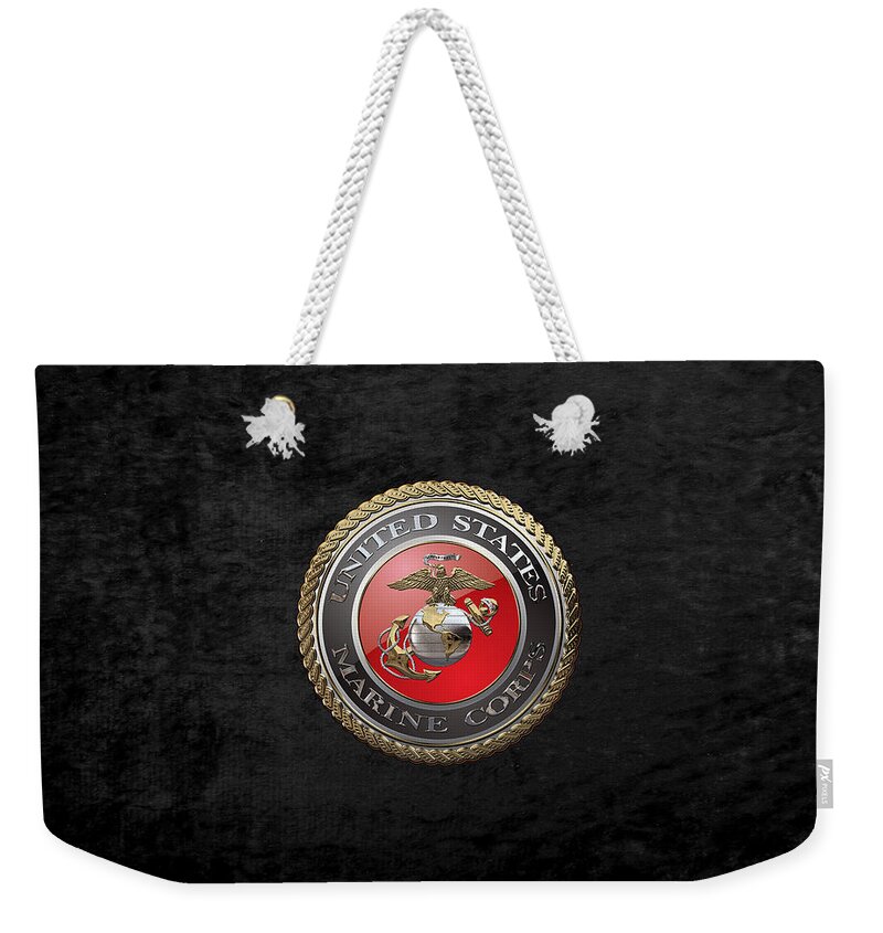 'usmc' Collection By Serge Averbukh Weekender Tote Bag featuring the digital art U. S. Marine Corps - U S M C Emblem over Black Velvet by Serge Averbukh