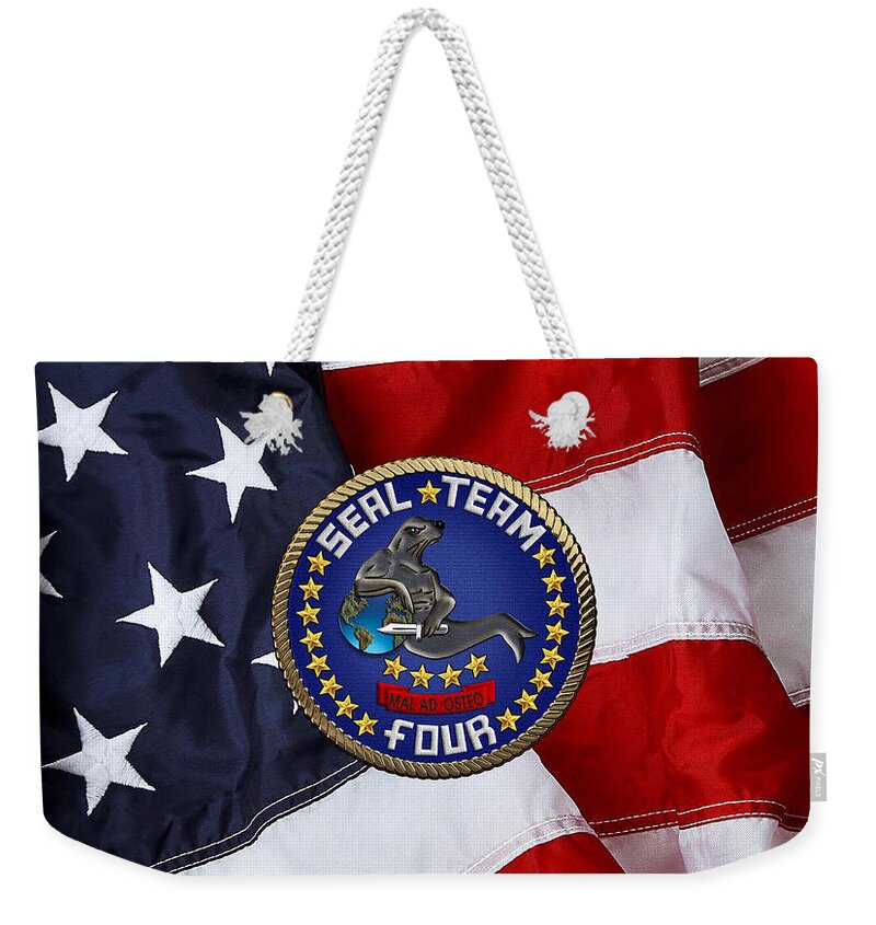'military Insignia & Heraldry - Nswc' Collection By Serge Averbukh Weekender Tote Bag featuring the digital art U. S. Navy S E A Ls - S E A L Team Four - S T 4 Patch over U. S. Flag by Serge Averbukh