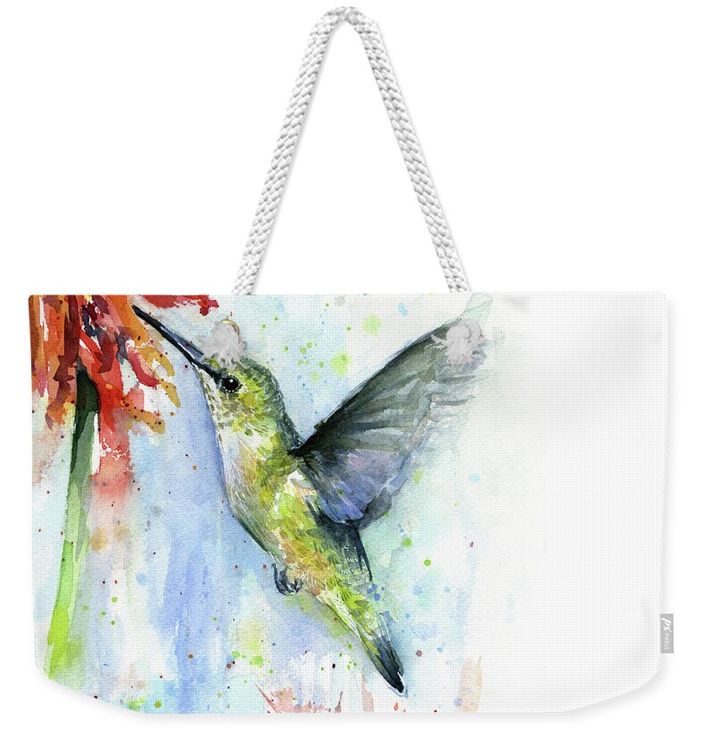 Watercolor Weekender Tote Bag featuring the painting Hummingbird and Red Flower Watercolor by Olga Shvartsur