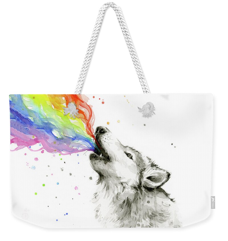 Watercolor Weekender Tote Bag featuring the painting Wolf Rainbow Watercolor by Olga Shvartsur