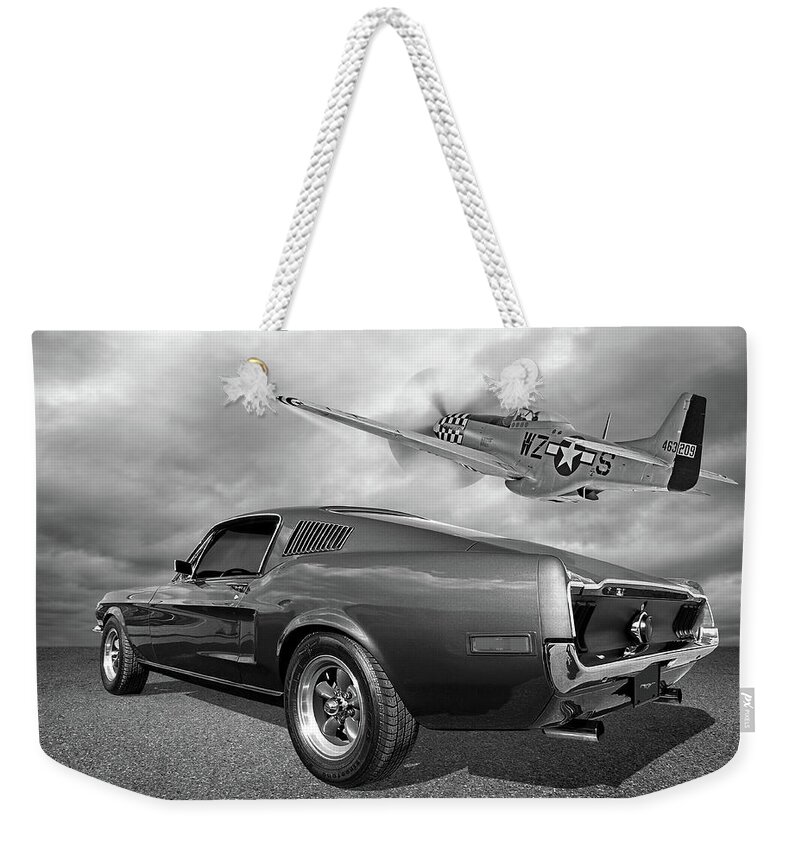 Mustang Weekender Tote Bag featuring the photograph p51 With 1968 Mustang Black and White by Gill Billington